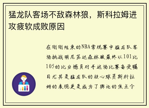 猛龙队客场不敌森林狼，斯科拉姆进攻疲软成败原因